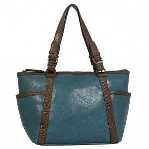 Tote Bag - 2-Side Pockets Leather-like Tote w/ Whipped & Buckled Straps - Blue - BG-MB1714BL